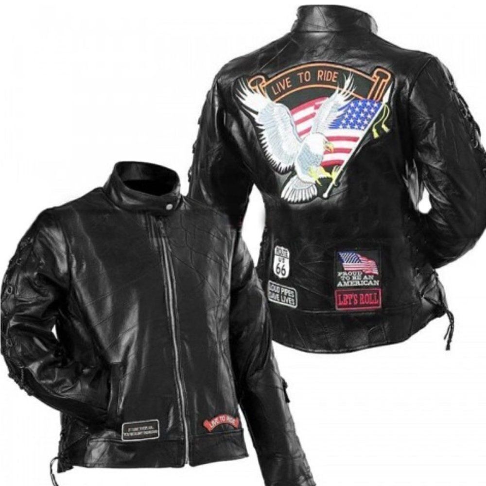 BUFFALO PLATE Leather Moto Motorcycle Biker Jacket Patches Full Zip